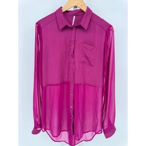 Free People Sheer Sleeve Button Down Shirt Magenta Purple Size Medium